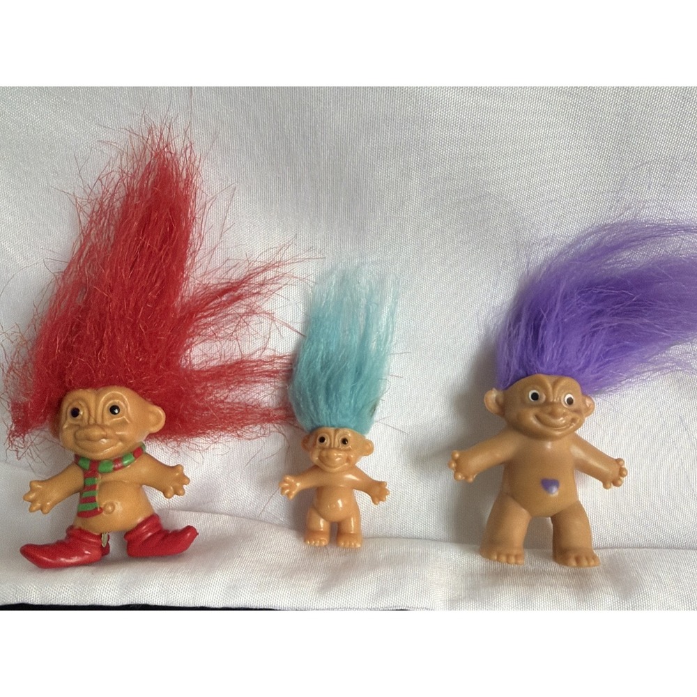Vintage Troll Doll Lot of 3 Red Purple Blue Hair 90s Nostalgia Luck Trolls Mini